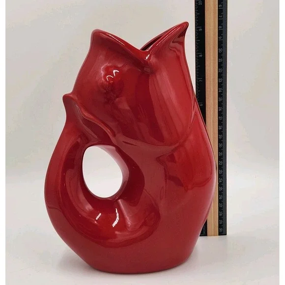 Gurgle Pot - Fish Shaped - Red - 9.25" Tall Water Pitcher/Vase - Stoneware 2006 - Picture 5 of 9